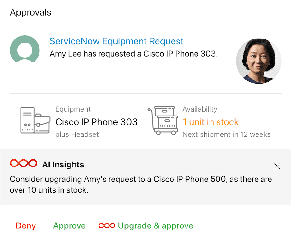 Assistant Card showing a hardware request with action buttons and AI insights