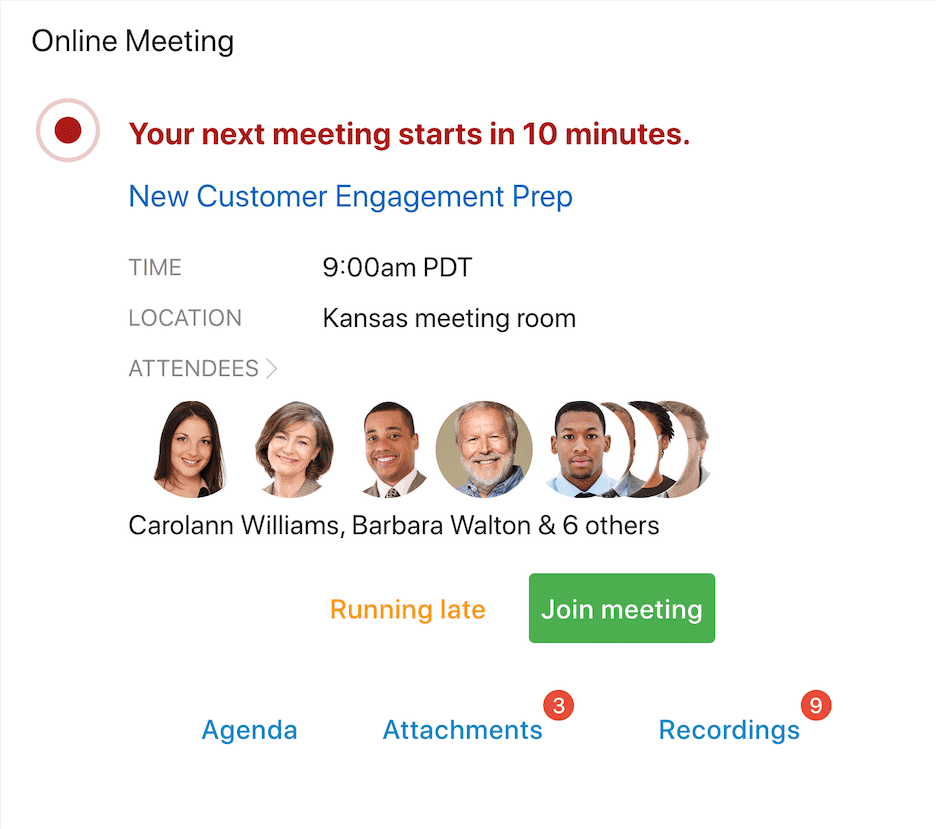 Assistant Card showing a user a reminder for their next online meeting