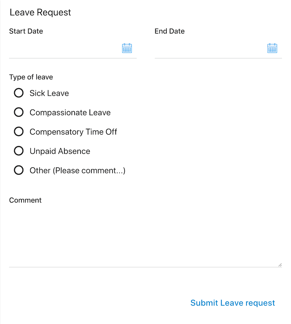 Assistant Card showing a leave request form