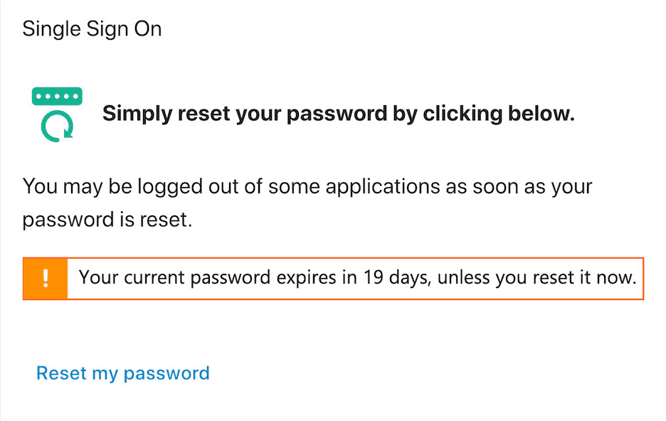 Assistant Card showing an IT service message to remind a user to reset their password