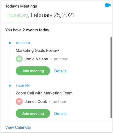 Today's Salesforce events Card