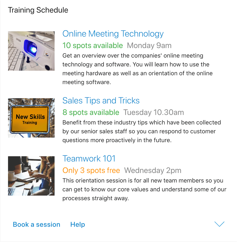 Assistant Card showing a list of available training courses a user can enrol in