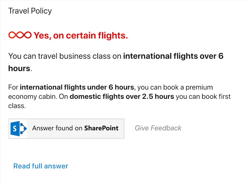 Assistant Card showing a QnA response with information from SharePoint