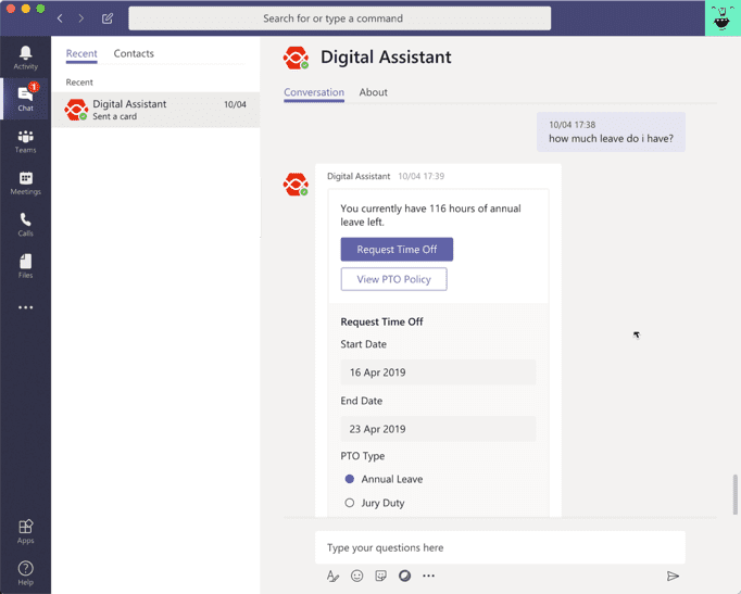 Digital Assistant's SPFx extension with conversational interface