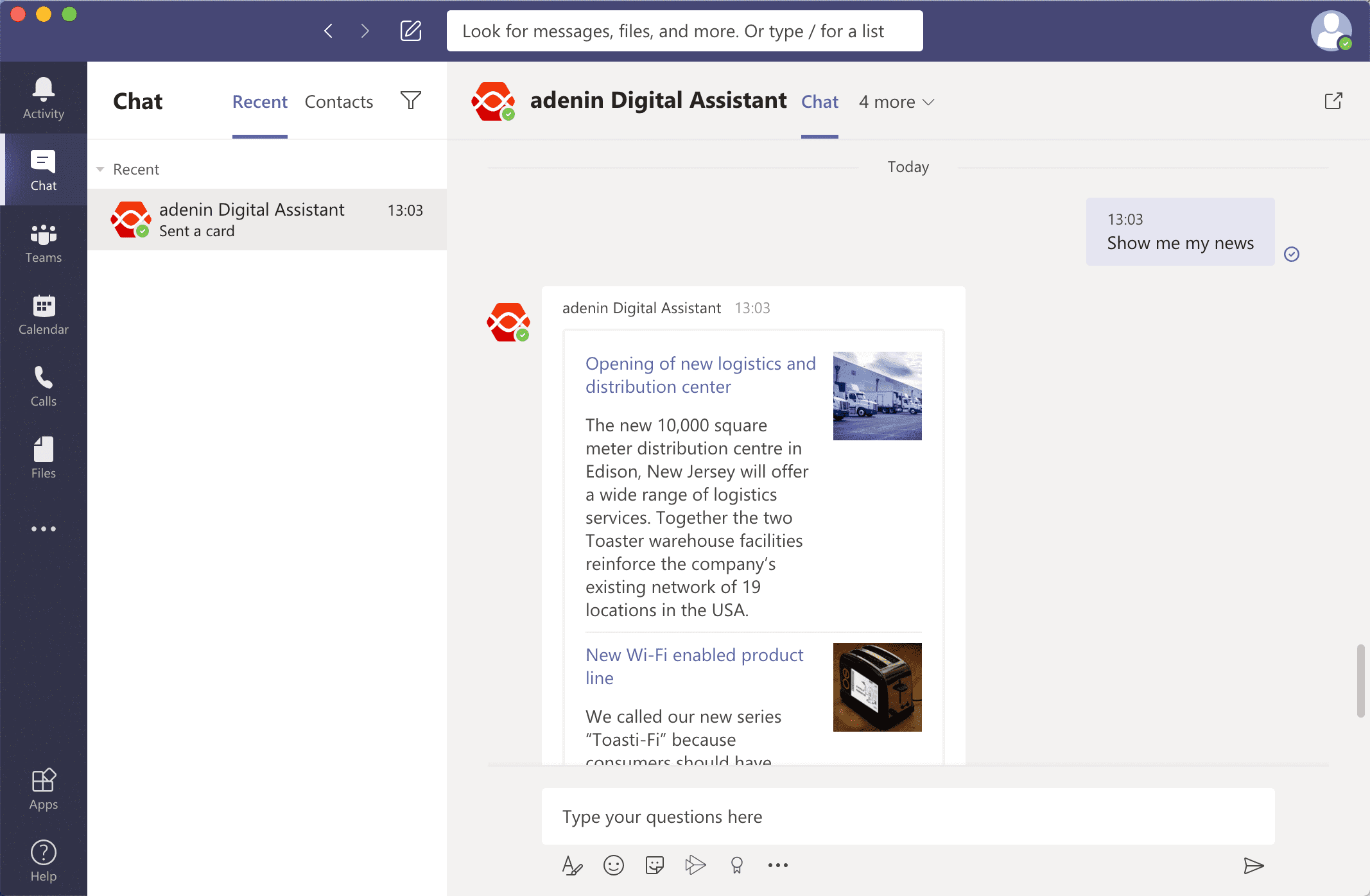 MS Teams chatbot assistant with responses from business apps
