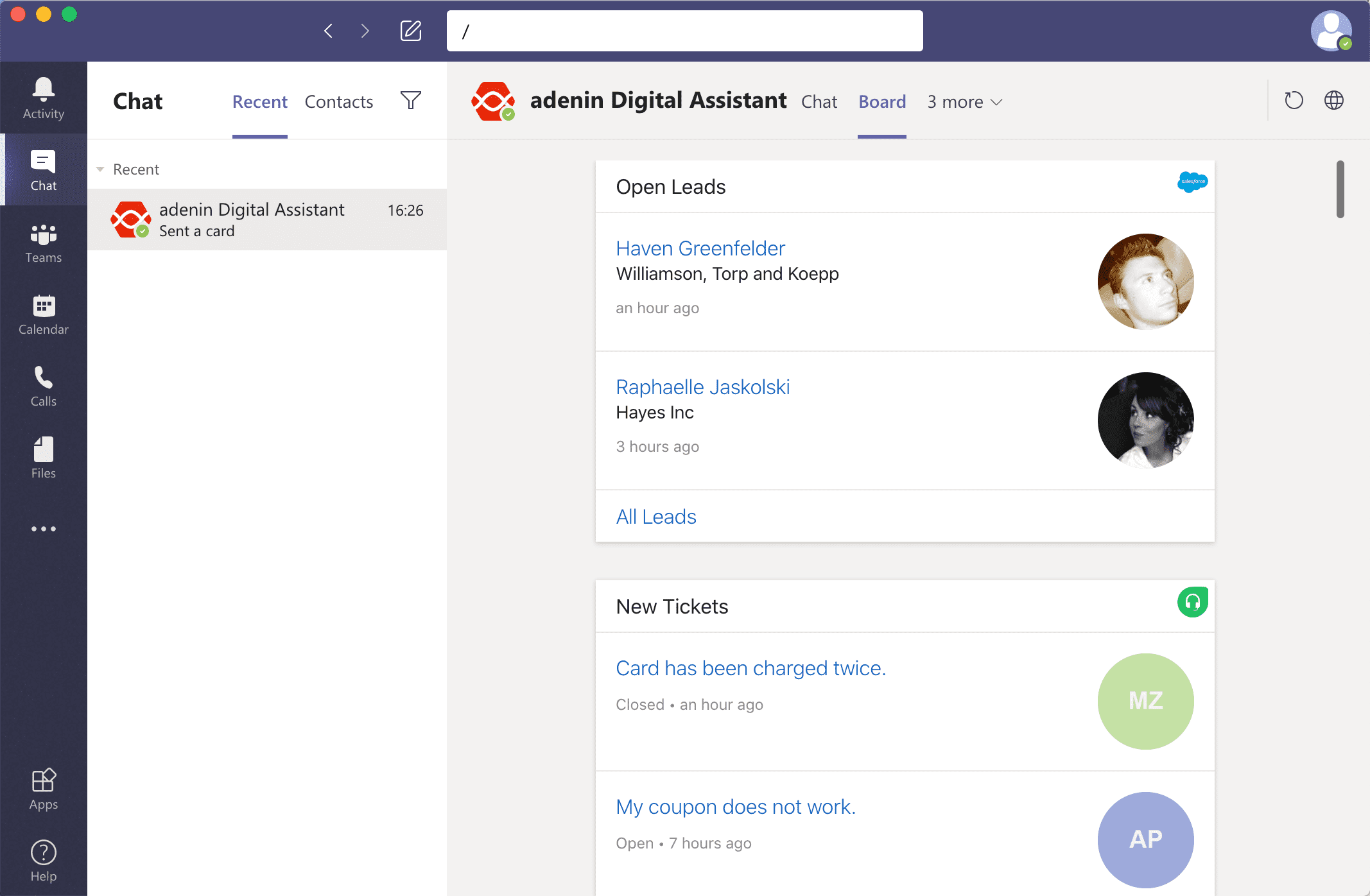 Cards from your Digital Assistant Board showing in the Assistant Teams app
