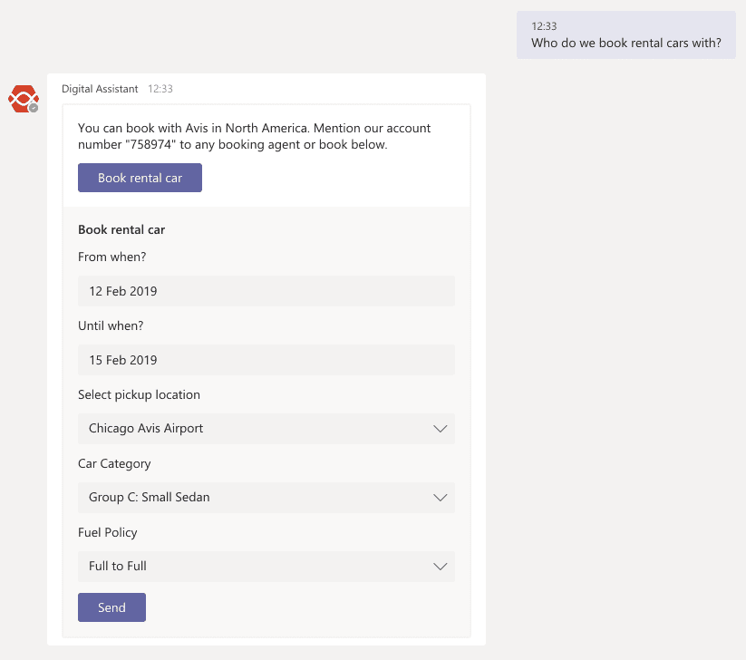Book a rental car in Microsoft Teams with the Digital Assistant chatbot