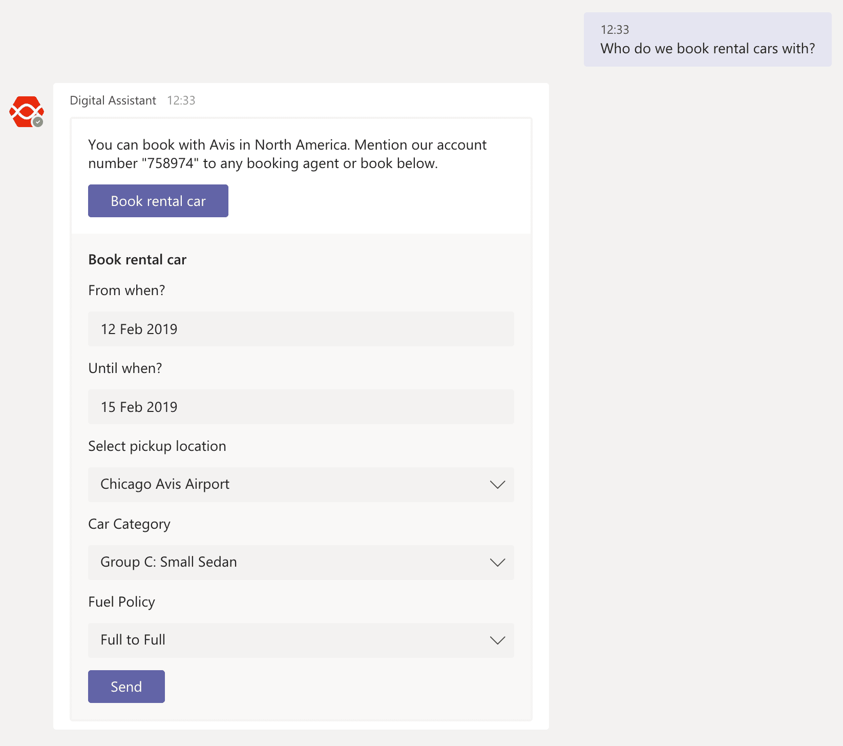 Book a rental car in Microsoft Teams with the Digital Assistant chatbot
