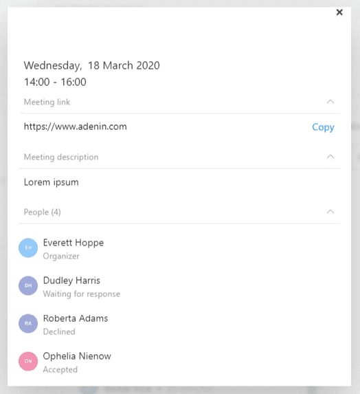 Click on any event in the Card to see all the details about the event from your calendar, including meeting location or URL and attendee status.