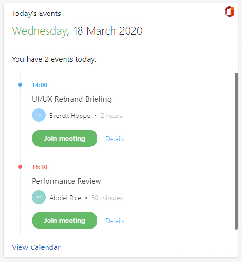 See any events marked in your calendar for today in Card form on your Board. You can easily join meetings or view more details about meetings directly from within Digital Assistant.
