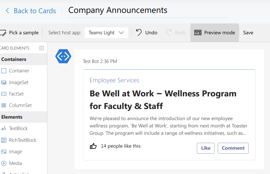 Sample Zoho People Card built with the Adaptive Cards designer, showing a newly released company announcement. Quick action buttons make it easy to interact with the announcement directly from your Assistant.