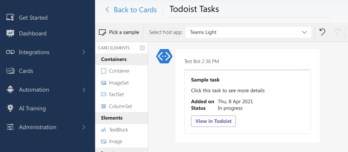 Todoist Card being designed in the Adaptive Cards designer