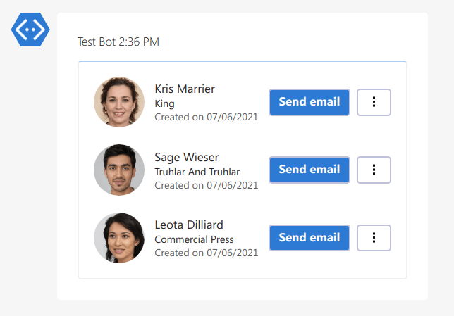 Sample Zoho CRM Card built with the Adaptive Cards designer, showing a list of recently created Contacts. Quick action buttons make it easy to take action in Zoho CRM directly from your Assistant.