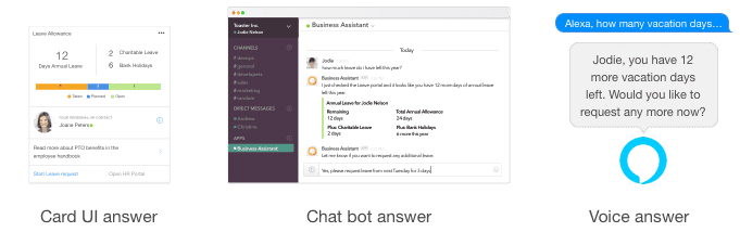 Digital Assistant answers in Card form, chat bot answers and Alexa voice answer