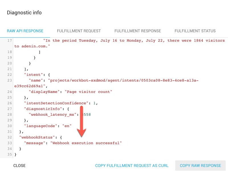 Diagnostic info from the Dialogflow API in the Firebase console