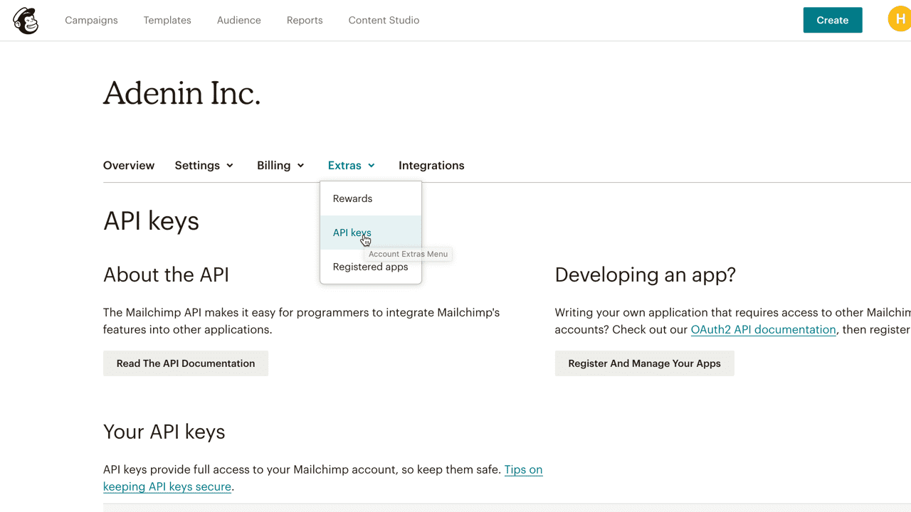 Getting an API key from Mailchimp for platform integration
