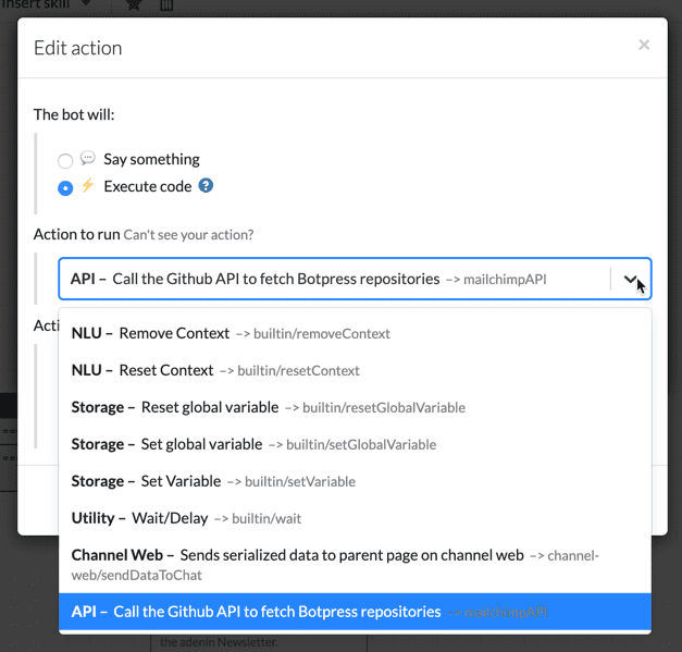 Configuring a webhook action on a Botpress node