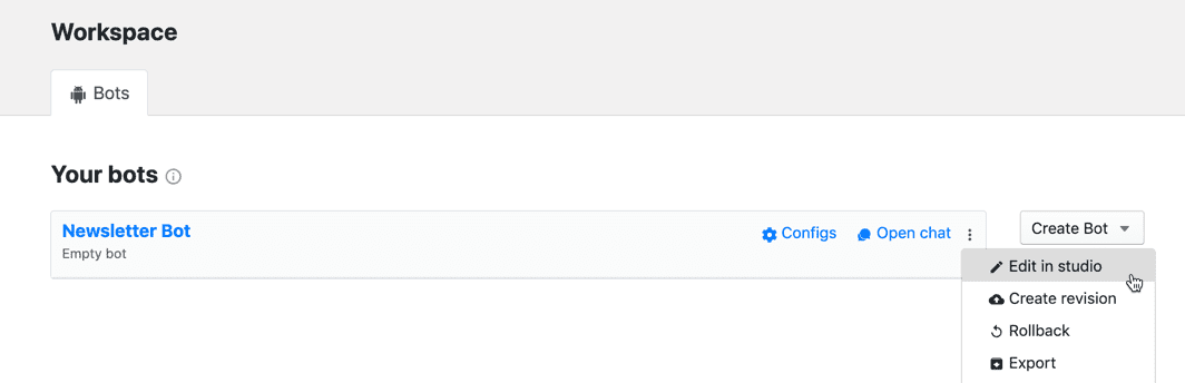 Navigating to the bot editor screen in Botpress