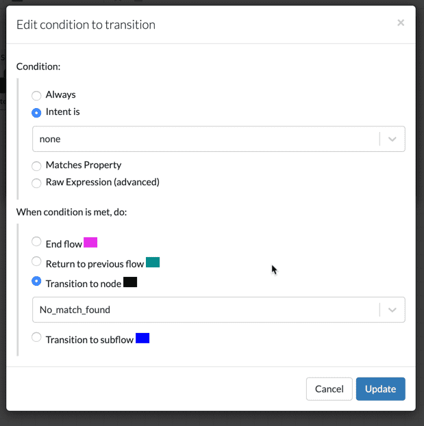 Adding a transition to two nodes in the Botpress flow developer tool