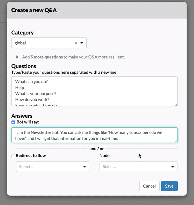 Adding simple Q&A responses to a bot in Botpress