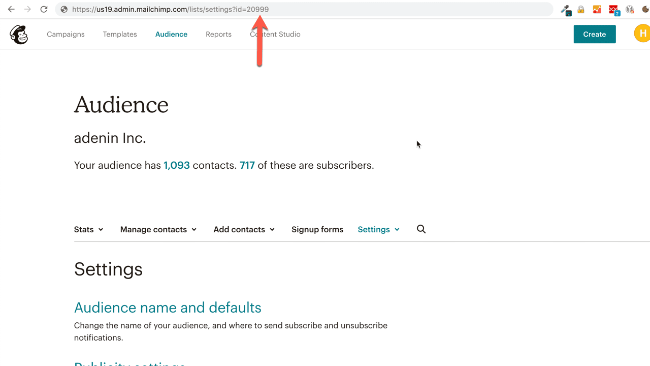 How to find a Mailchimp list ID from the Mailchimp website