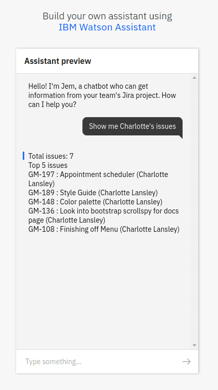 Example of an IBM-branded test chatbot created with IBM Watson Assistant