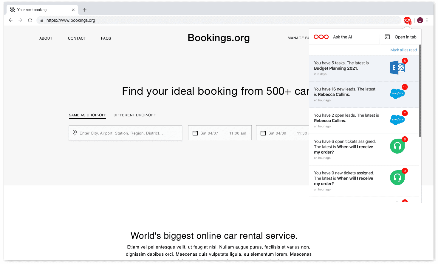 The new Digital Assistant Chrome extension showing notifications from popular business apps