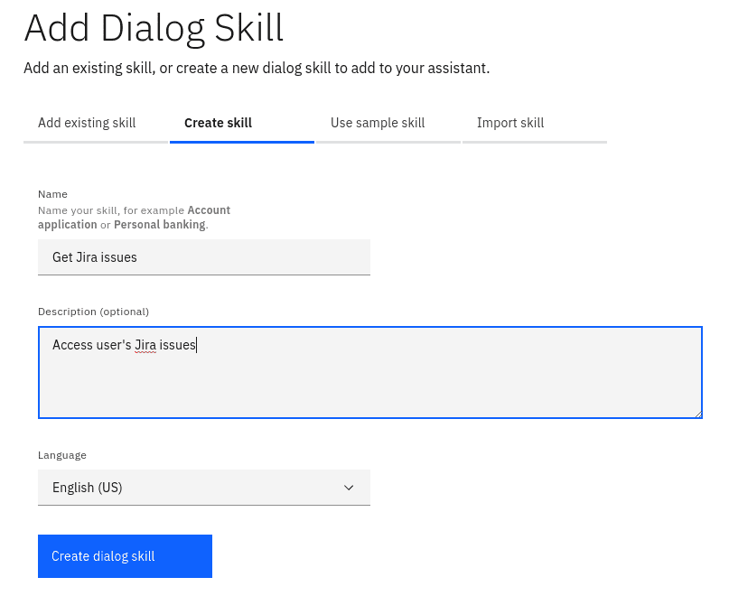 Configure a new IBM Watson Assistant chatbot dialog skill
