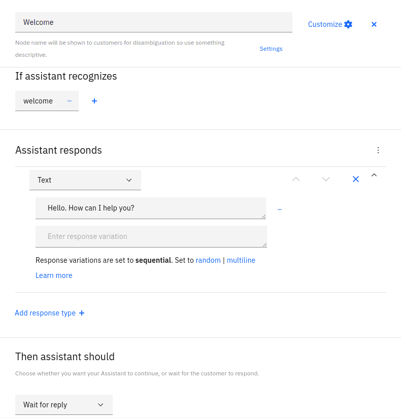 Editing the default welcome message node in IBM Watson Assistant