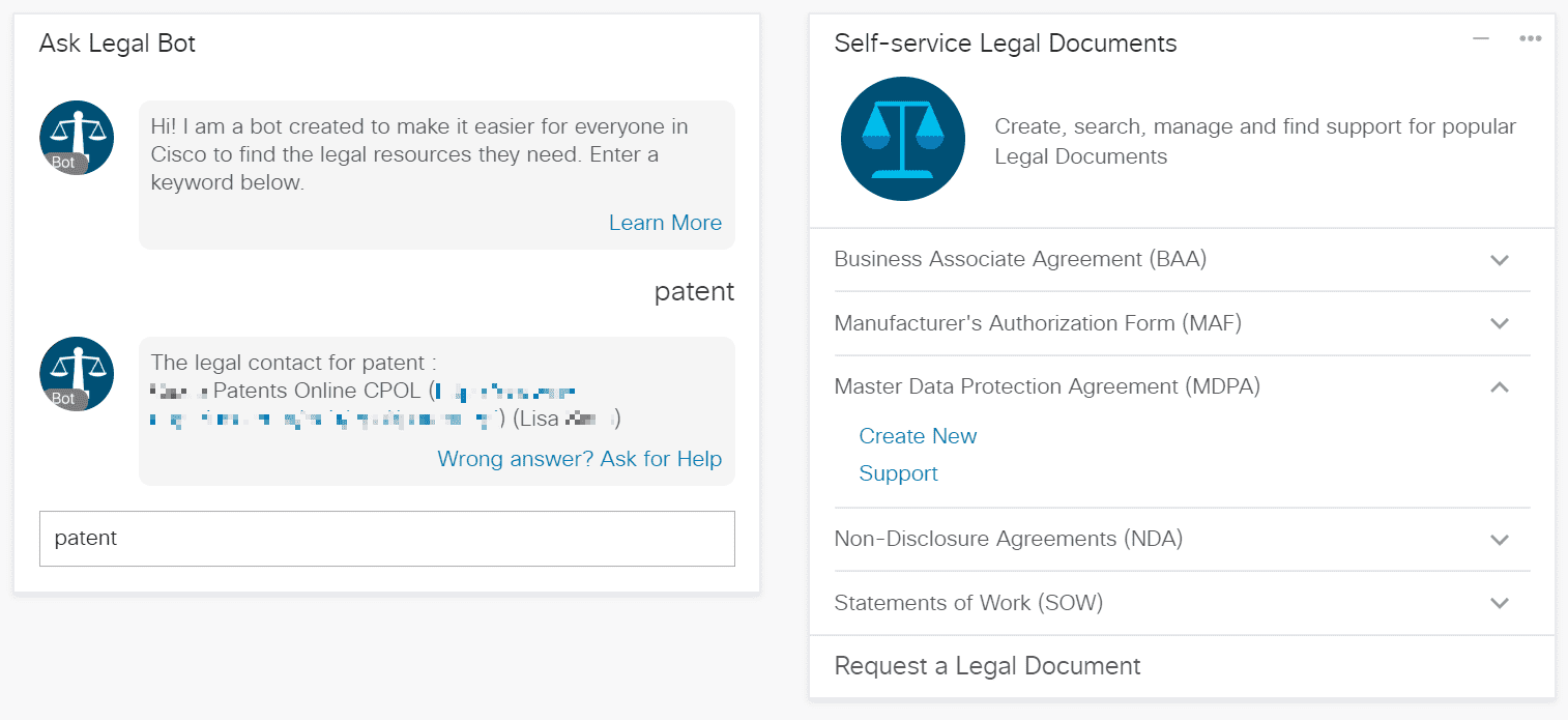 Example chatbot and Digital Assistant Card to make knowledge-sharing from the Legal department easier