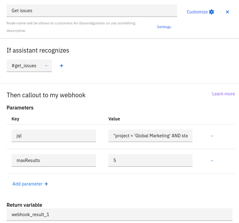 Adding custom parameters for a given recogonized intent in IBM Watson Assistant