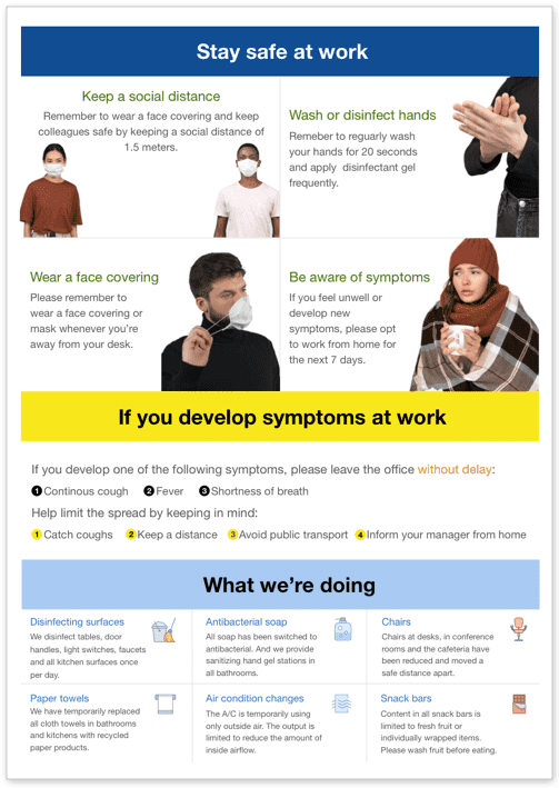Printable poster with employee advice for staying safe and preventing the spread of COVID-19