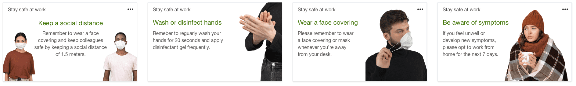 Digital Assistant Cards showing safety advice for employees relating to COVID-19