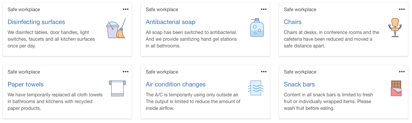 Digital Assistant Cards showing advice and information for employees relating to COVID-19