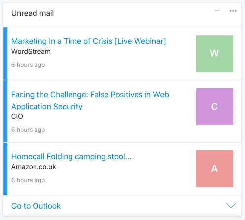 List of unread emails from your Outlook inbox in a Card