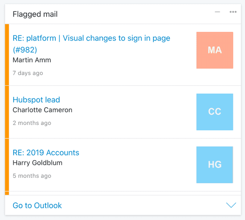List of flagged emails from your Outlook inbox in a Card