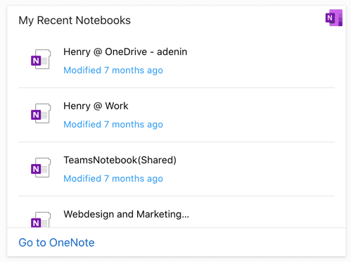 List of recent OneNote notebooks in a Card