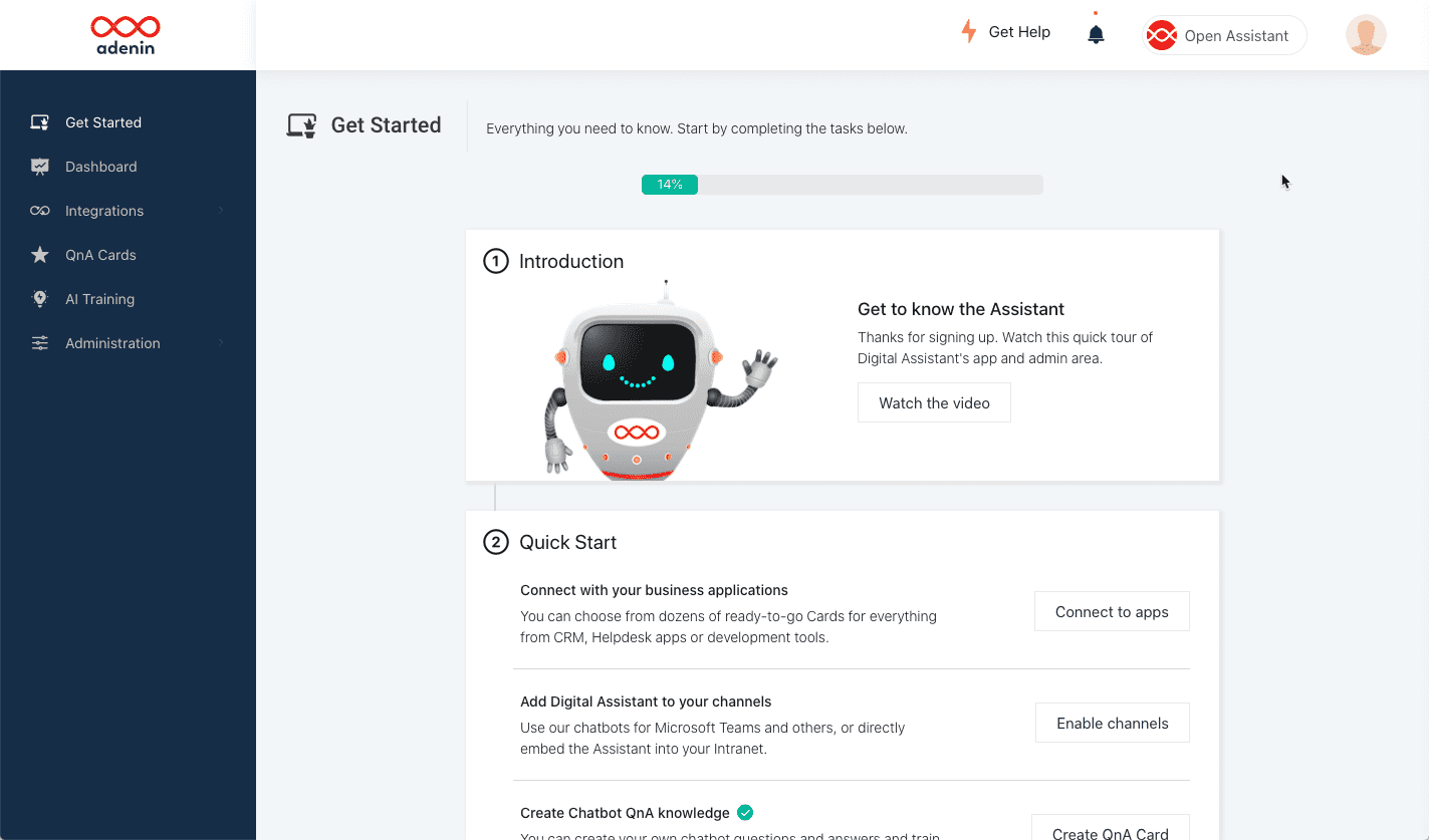 New Digital Assistant user onboarding page