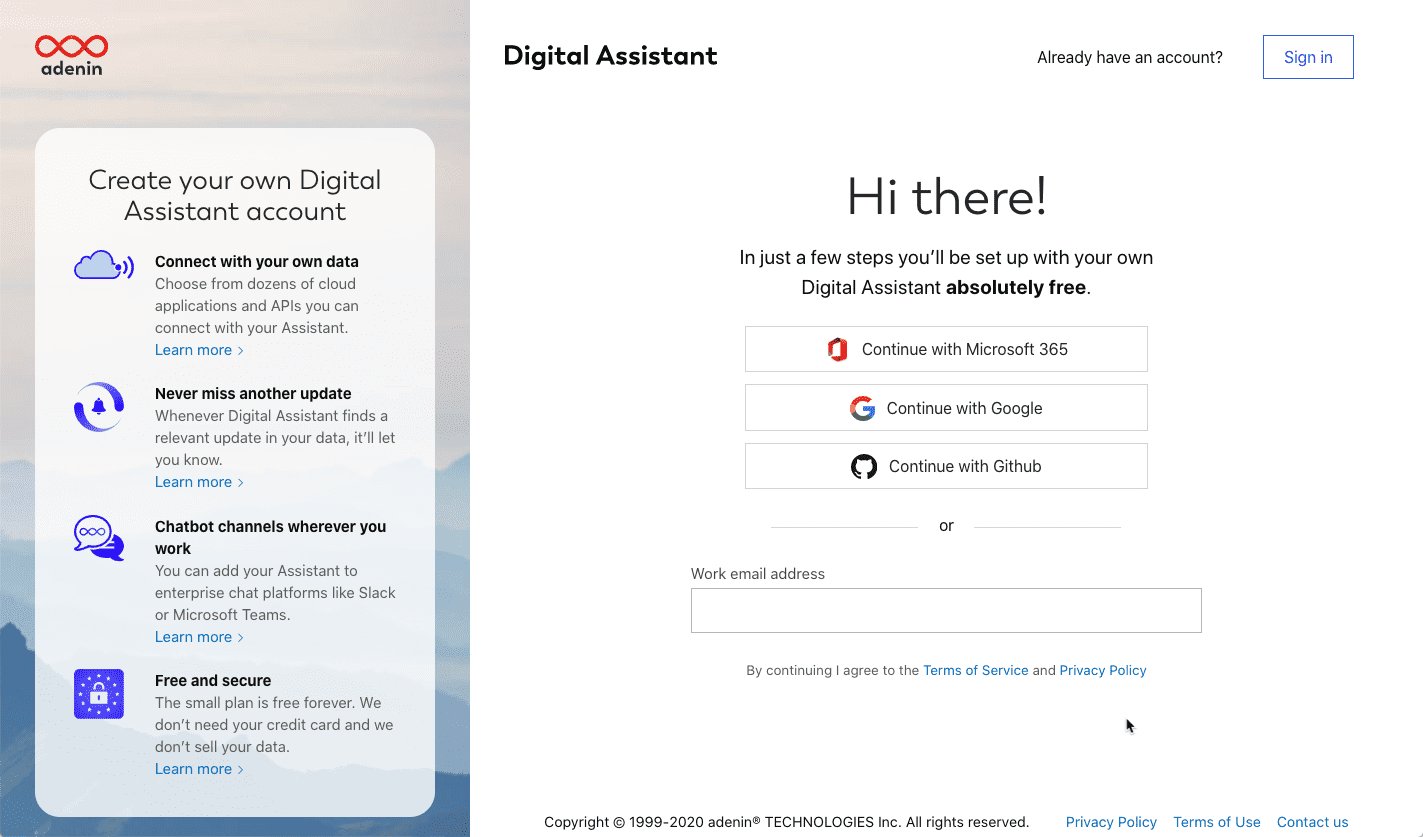 Social login buttons including Microsoft 365, Google and Github for Digital Assistant