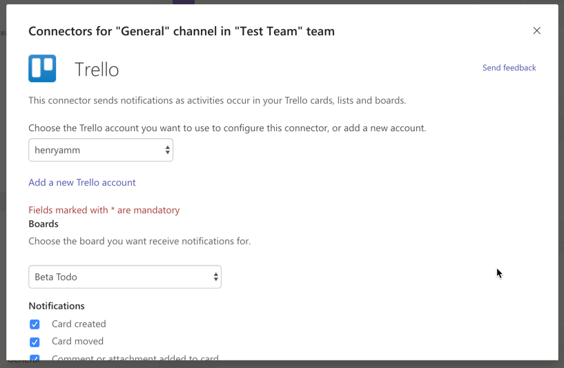 Configuring the Trello connector for Microsoft Teams requires a single account for the team