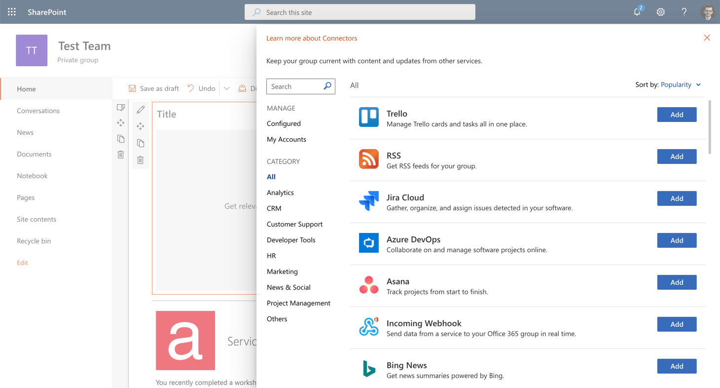 List of available Connectors for the Office 365 Connectors web part