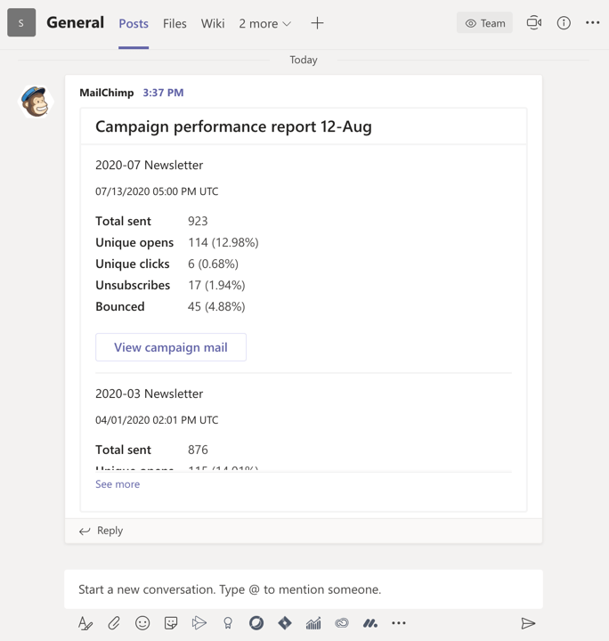 MailChimp's notification bot sends updates to users when something new happens