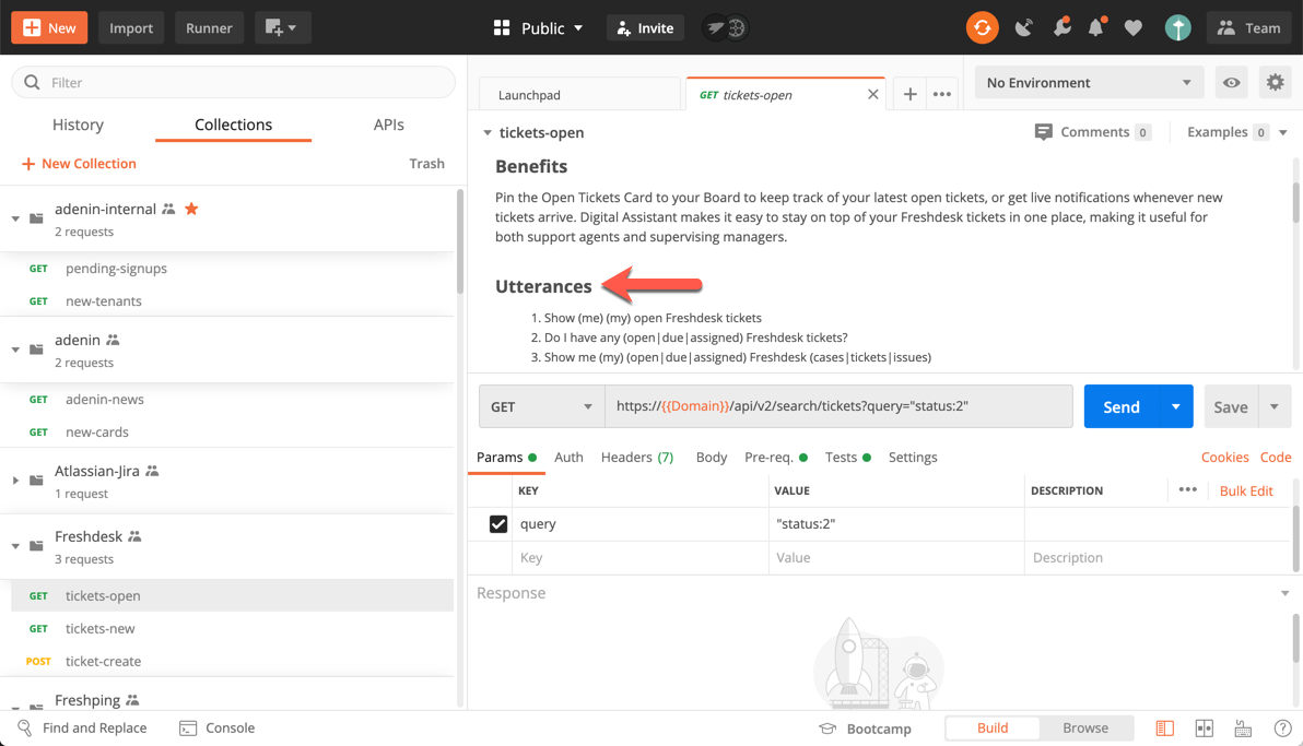 Add Utterances to your Postman requests to train Digital Assistant's AI engine