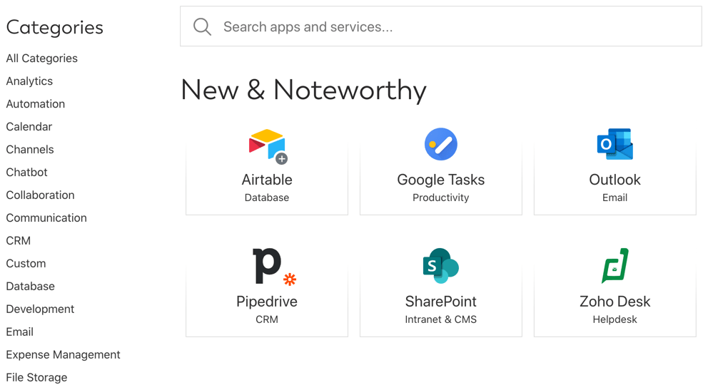 Digital Assistant App Directory showing popular business apps