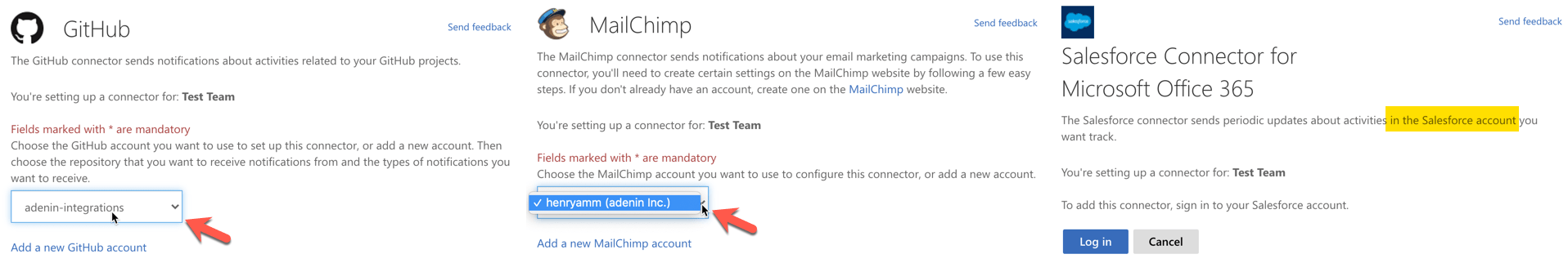 Example of SharePoint connectors which require a single user for team access