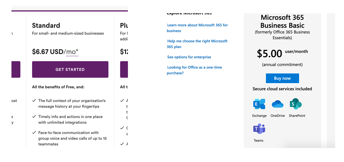 Comparison of Slack and Microsoft 365 pricing