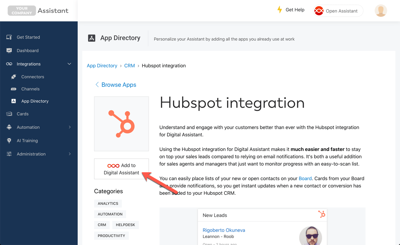Adding the Hubspot integration to Digital Assistant from the App Directory
