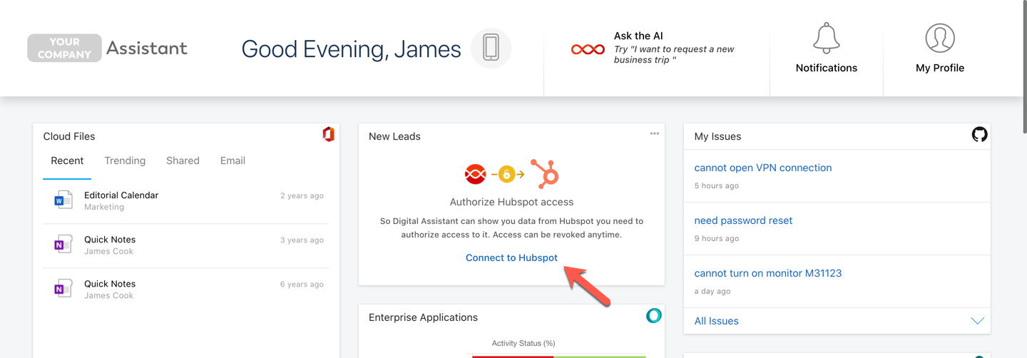 Digital Assistant Board showing the new Hubspot Card. The Card states it needs access to be authorized before it can show data.