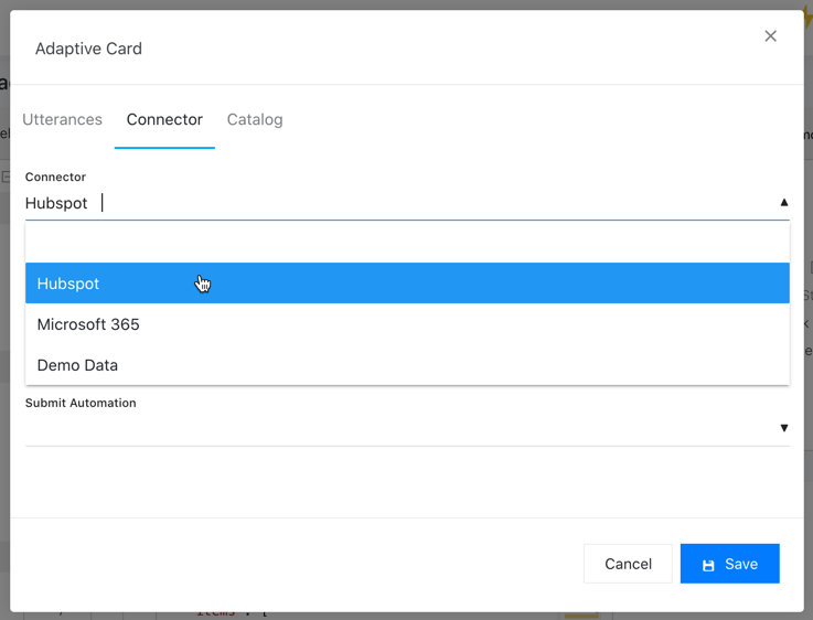 Selecting a new connector in the Adaptive Card configuration modal