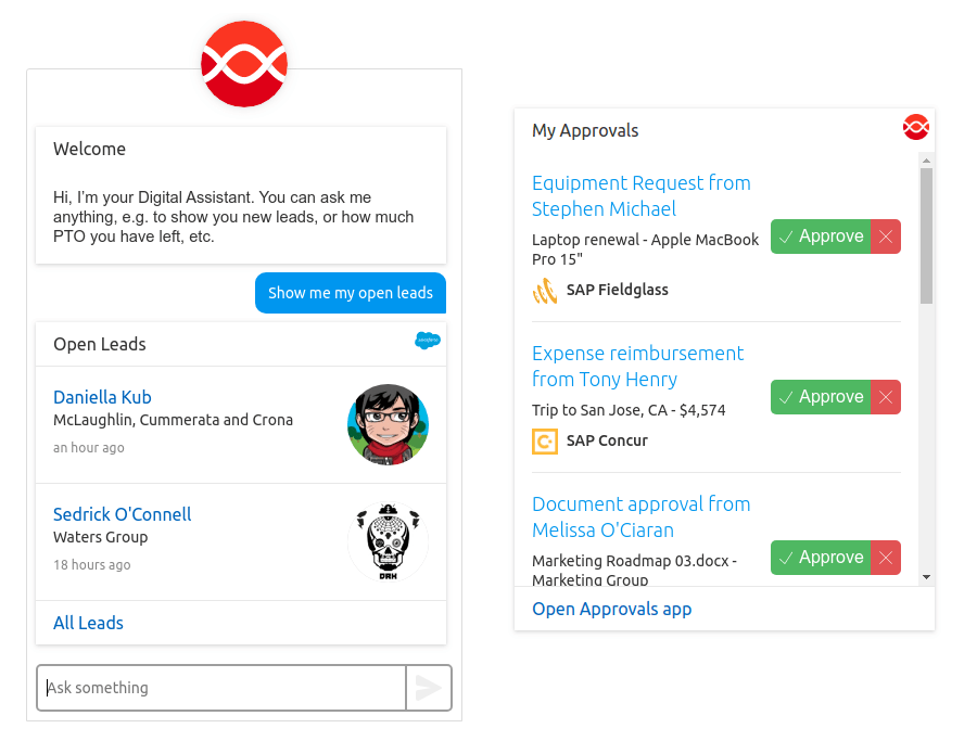Digital Assistant chatbot and embedded Card examples